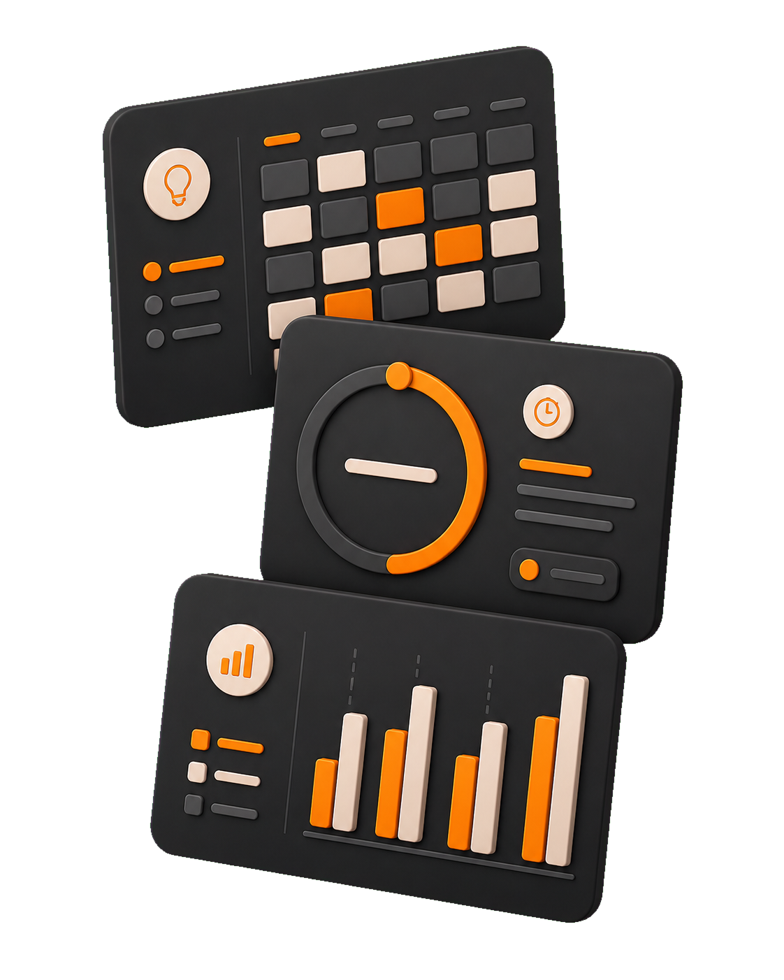 Three interface cards representing weekly planning, a focus timer, and plan review