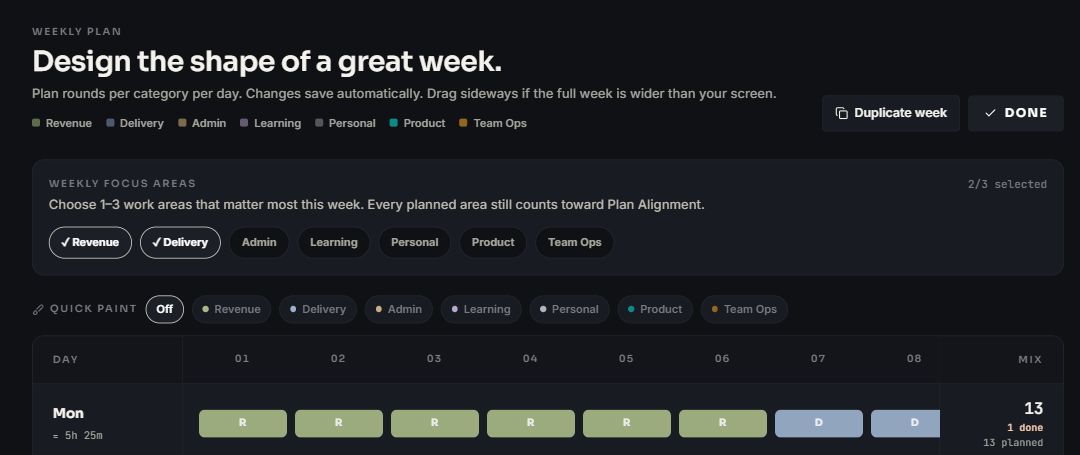 PomoZentra weekly plan in dark mode
