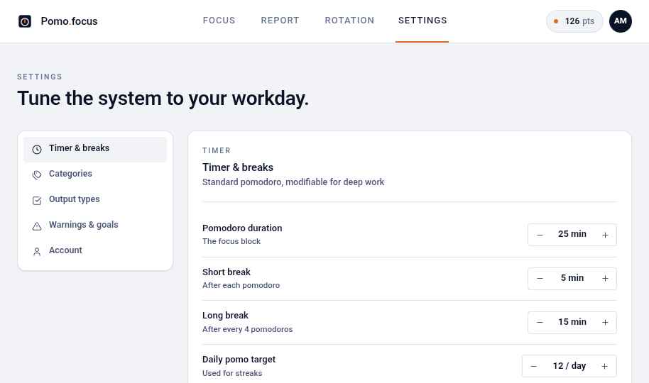 PomoZentra settings