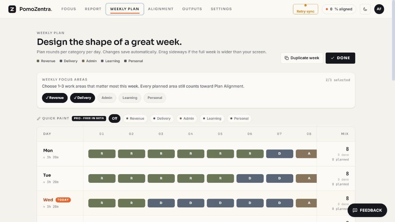 PomoZentra Weekly plan screen